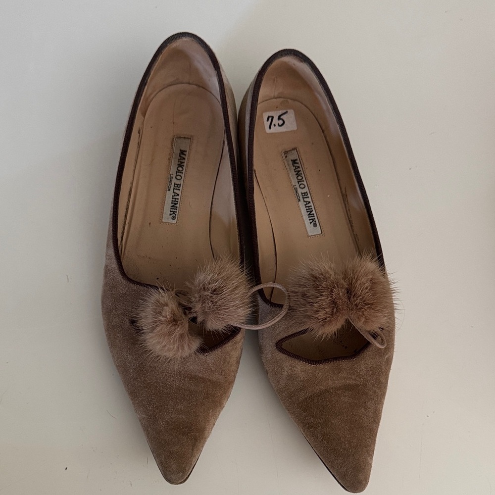 Manolo Blahnik Tan Suede Flats with Fur Pom